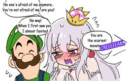 Rule 34 | 1boy, 1girl, bare shoulders, breasts, commentary, earrings, english commentary, english text, hair between eyes, jewelry, large breasts, long hair, looking at viewer, luigi, luigi&#039;s mansion, mario (series), necklace, nintendo, open mouth, princess king boo, shy, simple background, smile, standing, super crown, upper body, white background, white hair, wootsang