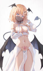 Rule 34 | 1girl, absurdres, alternate costume, arm under breasts, bat hair ornament, bat wings, black wings, blonde hair, blue eyes, breasts, bridal gauntlets, demon tail, demon wings, detached sleeves, gold trim, groin, hair ornament, hand up, harem outfit, head wings, heart, heart-shaped pupils, highres, hololive, hololive english, medium breasts, mole, mole on breast, monocle, mouth veil, navel, o-ring, pubic tattoo, shironekokfp, short hair, solo, stomach, symbol-shaped pupils, tail, tattoo, thigh gap, veil, virtual youtuber, watson amelia, wings