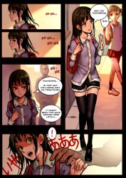 Rule 34 | 1boy, 2girls, as109, backpack, bag, brown hair, child, comic, english text, green eyes, hair ornament, hairclip, highres, multiple girls, open mouth, shoujo to ura roji, sweat, text focus, thighhighs