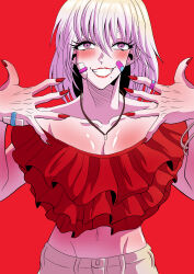 Rule 34 | absurdres, bandaid, bandaid on face, blush, breasts, cleavage, collarbone, earrings, grin, hair between eyes, heart, heart-shaped pupils, highres, human bug daigaku, jewelry, kazaki shion, kleinastar, lipstick, looking at viewer, makeup, midriff, mole, mole under mouth, navel, pink eyes, red background, red nails, smile, standing, stud earrings, symbol-shaped pupils