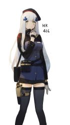 Rule 34 | 1girl, absurdres, ammunition pouch, bad id, bad twitter id, bag, beret, black thighhighs, blunt bangs, breasts, character name, closed mouth, cross, dokshuri, facial mark, feet out of frame, girls&#039; frontline, gloves, green eyes, grey gloves, gun, hair ornament, hair over one eye, hand on own chest, handgun, hat, highres, hk416 (girls&#039; frontline), holster, holstered, iron cross, long hair, long sleeves, looking at viewer, medium breasts, miniskirt, pouch, shoulder bag, simple background, skirt, solo, standing, straight hair, teardrop, thigh holster, thighhighs, weapon, white background, white hair, zettai ryouiki
