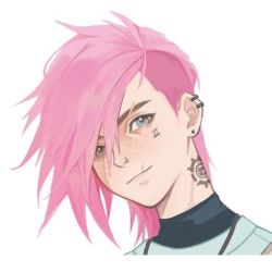 Rule 34 | 1girl, character name, closed mouth, ear piercing, earrings, grey eyes, jewelry, league of legends, looking at viewer, neck tattoo, piercing, pink hair, portrait, short hair, smile, solo, tattoo, vi (league of legends), wuzeirou