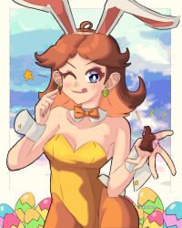 Rule 34 | 1girl, blue eyes, bow, bowtie, breasts, brown hair, candy, cleavage, easter, easter egg, egg, food, highres, hoshinokotta, leotard, looking at viewer, mario (series), nintendo, one eye closed, pantyhose, playboy bunny, princess daisy, rabbit ears, rabbit tail, super mario land, thighs, tomboy, tongue, tongue out, wink