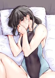 Rule 34 | 1girl, amagami, black hair, competition swimsuit, highres, implied sex, looking at viewer, one-piece swimsuit, pillow, sasaki akira (ugc), solo, swimsuit, tsukahara hibiki