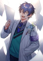 Rule 34 | 1boy, blue eyes, blue hair, blue necktie, cat, flying paper, glasses, grey shirt, hand in pocket, highres, holding, holding paper, kiritani846, lab coat, leos vincent, male focus, necktie, nijisanji, open mouth, pants, paper, pocket protector, shirt, short hair, simple background, solo, striped clothes, striped pants, vest, virtual youtuber, white background