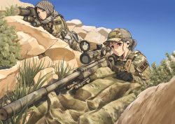 Rule 34 | 2girls, baseball cap, binoculars, black gloves, black hair, blue eyes, blue sky, bolt action, brown hair, camouflage, camouflage headwear, camouflage jacket, clear sky, closed mouth, commentary request, day, earpiece, gloves, green headwear, green jacket, gun, hat, jacket, light frown, middle finger, military, military uniform, multiple girls, original, outdoors, purple eyes, remington model 700, rifle, scope, short hair, short ponytail, sky, sniper, sniper rifle, sniper team, spotting scope, tanto (tc1995), uniform, weapon, weapon request
