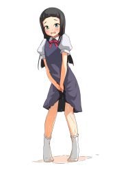 Rule 34 | 1girl, aged down, azukilib, between legs, black hair, blue dress, blunt bangs, blush, dress, embarrassed, female focus, flat chest, forehead, full body, green eyes, hand between legs, kurosawa dia, long hair, looking at viewer, love live!, love live! sunshine!!, open mouth, own hands together, pee, peeing, peeing self, pigeon-toed, puddle, puffy short sleeves, puffy sleeves, red ribbon, ribbon, school uniform, shirt, short sleeves, simple background, sleeveless, sleeveless dress, socks, solo, standing, v arms, wet, wet clothes, white background, white shirt, white socks
