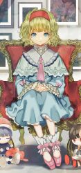 Rule 34 | 1girl, alice margatroid, armchair, ascot, ballet slippers, blonde hair, blue dress, blue eyes, bow, capelet, chair, closed mouth, doll, doremy sweet, dress, frilled ascot, frilled dress, frills, full body, hairband, highres, imaizumi kagerou, lace-trimmed capelet, lace trim, light smile, long sleeves, looking at viewer, on chair, own hands together, painting (object), pink ascot, pink bow, pink footwear, red hairband, sano naoi, short hair, sitting, solo, straight-on, touhou, white capelet