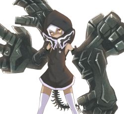 Rule 34 | 10s, 1girl, black rock shooter, flat chest, highres, hood, hoodie, hua (hua113), looking at viewer, mechanical arms, simple background, solo, strength (black rock shooter), tail, thighhighs, white background, white hair, white thighhighs, yellow eyes