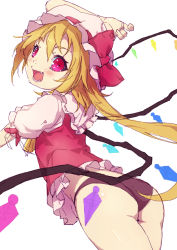 Rule 34 | 1girl, armais (me-chan337), ascot, ass, blonde hair, blush, flandre scarlet, hat, no pants, open mouth, panties, red eyes, short hair, side ponytail, simple background, sketch, smile, solo, touhou, underwear, white background, wings