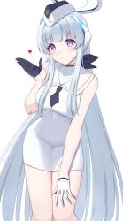 Rule 34 | 1girl, absurdres, black gloves, blue archive, blush, breasts, closed mouth, dress, feet out of frame, garrison cap, gloves, grey hair, halo, hat, heart, highres, kyujuukyu, large breasts, long hair, looking at viewer, mechanical halo, noa (blue archive), purple eyes, simple background, sleeveless, sleeveless dress, smile, solo, two-tone gloves, utnapishtim operator uniform (blue archive), white background, white dress, white gloves