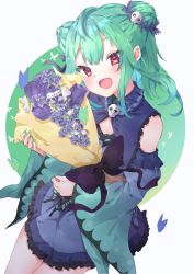 Rule 34 | animal print, bare shoulders, blue dress, blue sleeves, blush, bouquet, bug, butterfly, butterfly print, cottone (highjethoo), detached sleeves, double bun, dress, flower, green hair, green nails, hair bun, hair ornament, highres, holding, holding bouquet, hololive, insect, looking at viewer, nail polish, open mouth, red eyes, skull collar, skull hair ornament, symbol-shaped pupils, tongue, uruha rushia, uruha rushia (1st costume), virtual youtuber