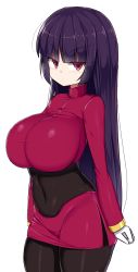 Rule 34 | 1girl, absurdres, alternate breast size, blunt bangs, bodysuit, breasts, brown bodysuit, closed mouth, covered navel, creatures (company), cropped jacket, game freak, gloves, highres, jacket, large breasts, long hair, looking at viewer, nintendo, pokemon, pokemon frlg, purple hair, red eyes, sabrina (pokemon), sawati, side slit, skirt, solo, white gloves