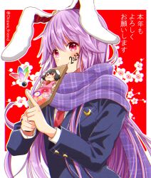 Rule 34 | 1girl, 2023, animal ears, blazer, hagoita, happy new year, inaba tewi, index finger raised, jacket, long hair, new year, okawa friend, paddle, purple hair, rabbit ears, red background, reisen udongein inaba, scarf, solo, touhou, upper body, very long hair