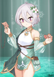 Rule 34 | 1girl, :x, absurdres, antenna hair, closed mouth, collarbone, detached sleeves, dress, flower, green sleeves, grey hair, hair between eyes, hair flower, hair ornament, highres, holding, kokkoro (princess connect!), long sleeves, looking at viewer, pointy ears, princess connect!, puffy long sleeves, puffy sleeves, purple eyes, sato art, see-through, see-through sleeves, signature, sleeveless, sleeveless dress, snowflakes, solo, standing, v-shaped eyebrows, white dress, white flower