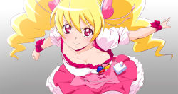Rule 34 | 1girl, blonde hair, breasts, choker, cleavage, closed mouth, collarbone, cure peach, dress, fresh precure!, fuchi (nightmare), gradient background, grey background, large breasts, long hair, looking at viewer, magical girl, momozono love, pink choker, pink dress, pink eyes, precure, puffy short sleeves, puffy sleeves, short sleeves, smile, solo, twintails, wrist cuffs