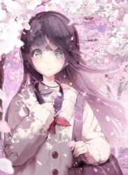 Rule 34 | 1girl, bad id, bad pixiv id, bag, black sailor collar, black shirt, blurry, blurry background, blurry foreground, blush, brown hair, cardigan, cherry blossoms, commentary request, depth of field, fingernails, flower, green eyes, hand up, highres, hoshizaki reita, long hair, long sleeves, looking at viewer, neckerchief, original, parted lips, petals, puffy long sleeves, puffy sleeves, red neckerchief, sailor collar, school bag, school uniform, serafuku, shirt, signature, sleeves past wrists, solo, spring (season), tree, upper body, very long hair, white cardigan, white flower