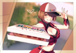Rule 34 | 1girl, adjusting clothes, adjusting headwear, bare shoulders, blurry, border, breasts, brown eyes, brown hair, cleavage, commentary, copyright name, cowboy shot, depth of field, food, hair over one eye, hat, large breasts, looking at viewer, medium breasts, meiko (vocaloid), midriff, navel, outstretched arm, pizza, pizza box, short hair, smile, solo, stomach, vocaloid, white border, yen-mi