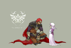 Rule 34 | 16167mono, 1boy, 1girl, alternate universe, armor, blonde hair, cape, child, closed eyes, earrings, ganondorf, gloves, grey background, hat, jewelry, kneeling, nintendo, pointy ears, princess zelda, red hair, simple background, size difference, the legend of zelda, the legend of zelda: ocarina of time, young zelda