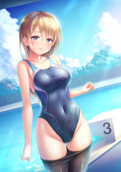 Rule 34 | 1girl, black pantyhose, blonde hair, blue eyes, blue one-piece swimsuit, blush, breasts, clothes pull, collarbone, competition swimsuit, covered navel, cowboy shot, day, groin, hand up, highleg, highleg swimsuit, highres, long hair, looking at viewer, medium breasts, one-piece swimsuit, original, outdoors, pantyhose, pantyhose pull, parted lips, pool, poolside, shiny clothes, smile, solo, standing, starting block, sunlight, swimsuit, taut clothes, taut swimsuit, wet, yuurei yashiki