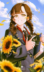 Rule 34 | 1girl, absurdres, black jacket, blue sky, book, brown eyes, brown hair, brown neckwear, camera, camera around neck, chinese commentary, cloud, collared shirt, commentary, commentary request, day, english commentary, english text, field, flower, flower-shaped pupils, flower field, grin, hands up, highres, holding, holding book, holding camera, jacket, l ract, long hair, long sleeves, looking at viewer, mixed-language commentary, original, outdoors, petals, plaid neckwear, shirt, sky, smile, solo, sunflower, sunflower field, symbol-shaped pupils, twintails, upper body, white shirt, yellow flower
