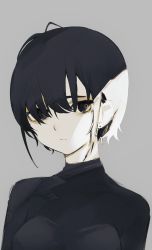 Rule 34 | 1girl, :/, antenna hair, black eyes, black hair, black sweater, closed mouth, earrings, expressionless, grey background, highres, jewelry, looking at viewer, migihidari (puwako), original, pale skin, simple background, solo, sweater, upper body