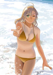 1girl antenna_hair bikini breasts cleavage collarbone gold_bikini green_eyes grey_hair kantai_collection kinugasa_(kancolle) large_breasts long_hair looking_at_viewer navel ojipon one_eye_closed simple_background smile solo stomach swimsuit