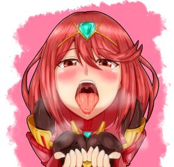 Rule 34 | 1girl, blush, breath, core crystal (xenoblade), cupping hands, fingerless gloves, from above, gloves, looking at viewer, mouth focus, open mouth, oral invitation, own hands together, pyra (xenoblade), red eyes, red hair, saliva, saliva trail, samu poteto, short hair, solo, swept bangs, teeth, tiara, tongue, tongue out, two-tone background, uvula, xenoblade chronicles (series), xenoblade chronicles 2
