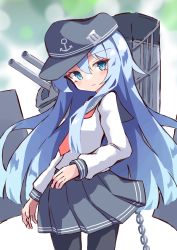 Rule 34 | 1girl, absurdres, anchor symbol, black hat, black pantyhose, blue eyes, blue hair, blurry, blurry background, cannon, commentary, depth of field, flat cap, grey sailor collar, grey skirt, hair between eyes, hat, hibiki (kancolle), highres, ichi (ichi.colors), kantai collection, long hair, long sleeves, looking at viewer, machinery, pantyhose, parted lips, pleated skirt, sailor collar, shirt, skirt, solo, very long hair, white shirt