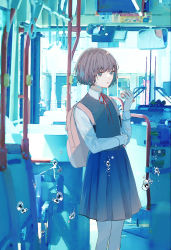 Rule 34 | 1girl, absurdres, arm across waist, backpack, bag, bubble, bus, bus interior, closed mouth, collared shirt, commentary request, feet out of frame, grey eyes, grey hair, hagimorijia, hand up, highres, indoors, long sleeves, looking at viewer, motor vehicle, neck ribbon, original, pink bag, pleated skirt, red ribbon, ribbon, shirt, short hair, skirt, solo, standing, sweater vest, white shirt