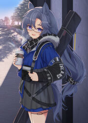 Rule 34 | 1girl, :d, animal ears, arknights, black overalls, blue coat, blue eyes, blue nails, blush, coat, commentary request, day, fang (arknights), fang (cruciata) (arknights), from side, fur-trimmed coat, fur-trimmed hood, fur trim, glasses, hair over one eye, hands up, hood, long hair, looking at viewer, nail polish, open mouth, outdoors, overalls, shironekoban, smile, solo, suspenders, tail, tea, thigh strap, very long hair