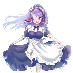 Rule 34 | 1girl, ;d, absurdres, azusa (azchemist63), dress, facing viewer, fire emblem, fire emblem: genealogy of the holy war, fire emblem heroes, highres, japanese clothes, long hair, looking to the side, maid, maid headdress, miko, nintendo, official alternate costume, one eye closed, open mouth, ponytail, puffy short sleeves, puffy sleeves, purple dress, purple eyes, short sleeves, skirt hold, smile, solo, tailtiu (fire emblem), tailtiu (tea party) (fire emblem), white background