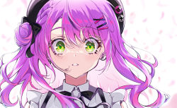 1girl absurdres bad_id bad_pixiv_id black_bow black_ribbon bow braid collared_shirt earrings french_braid green_eyes hair_bow hair_bun hair_ornament hairclip highres hololive jewelry long_hair looking_back neck_ribbon parted_lips pension_z petals purple_hair ribbon shirt side_bun single_side_bun solo tokoyami_towa virtual_youtuber white_shirt x_hair_ornament