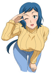 Rule 34 | 10s, 1girl, ;d, aqua eyes, arm support, bent over, blue hair, breasts, covered erect nipples, cropped legs, denim, green eyes, gundam, gundam build fighters, hand on own knee, hanging breasts, iori rinko, jeans, large breasts, leaning forward, lipstick, long hair, long sleeves, looking at viewer, low ponytail, makeup, makino tomoyasu, mature female, one eye closed, open mouth, pants, parted bangs, ponytail, ribbed sweater, salute, simple background, smile, solo, sweater, swept bangs, thigh gap, turtleneck, very long hair, white background, wink