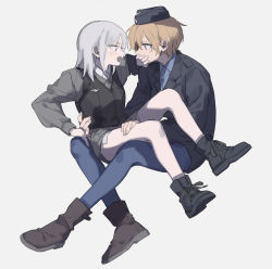 Rule 34 | 2girls, ahn, black eyes, black footwear, black headwear, black jacket, black vest, blonde hair, blue pants, blue shirt, blush, boots, brave witches, brown eyes, brown footwear, collar, collared shirt, commentary request, edytha rossmann, eye contact, face-to-face, grey background, grey shirt, hair between eyes, hand on another&#039;s face, hand on another&#039;s leg, hand on another&#039;s mouth, hat, headwear request, highres, hug, invisible chair, jacket, long sleeves, looking at another, medium hair, multiple girls, pants, shirt, shoelaces, short hair, short shorts, shorts, sidelocks, simple background, sitting, sitting on lap, sitting on person, uniform, vest, waistcoat, waltrud krupinski, world witches series, yuri