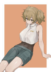 Rule 34 | 1girl, asymmetrical shorts, bodystocking, bowchan, breasts, brown eyes, brown hair, closed mouth, commentary request, covered navel, crop top, crop top overhang, cropped shirt, expressionless, feet out of frame, green shorts, gundam, gundam suisei no majo, hair between eyes, highres, large breasts, leaning back, long bangs, orange background, renee costa, shiny skin, shirt, short hair, short twintails, shorts, sleeveless, sleeveless shirt, solo, twintails, two-tone background, white background, white shirt