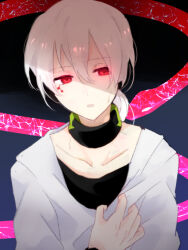 Rule 34 | 1boy, arrow (symbol), arrow print, black background, black shirt, blank eyes, collarbone, commentary, double-parted bangs, facial mark, grey background, hair between eyes, hand on own chest, jacket, kagerou project, konoha (kagerou project), kyokutsuki, long sleeves, looking at viewer, male focus, neck warmer, parted lips, red eyes, shirt, short hair, short ponytail, snake, solo, sweat, t-shirt, two-tone background, upper body, white hair, white jacket