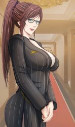 Rule 34 | 1girl, breasts, cleavage, glasses, looking at viewer, mature female, nervous, office lady, sd 81, sweat, upper body