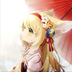 Rule 34 | 1girl, animal ear fluff, animal ears, arknights, blonde hair, commentary request, flower, fox ears, from side, green eyes, hair between eyes, hair flower, hair ornament, hairband, japanese clothes, kimono, long hair, looking away, obi, parted lips, red hairband, red umbrella, sash, solo, suzuran (arknights), suzuran (yukibare) (arknights), umbrella, upper body, white flower, white kimono, ying257053