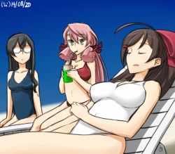 Rule 34 | 10s, 3girls, ahoge, akashi (kancolle), beach chair, bikini, black hair, breasts, brown hair, covered navel, dated, drinking, drinking straw, closed eyes, glasses, green eyes, hair ornament, hair ribbon, hairclip, hamu koutarou, kantai collection, large breasts, long hair, mamiya (kancolle), medium breasts, multiple girls, one-piece swimsuit, ooyodo (kancolle), pink hair, ribbon, swimsuit, white one-piece swimsuit