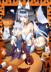 Rule 34 | 1boy, 1girl, animal ears, biting, blunt bangs, blush, breasts, brown eyes, detached sleeves, ear biting, elbow gloves, fox, fox ears, fox tail, gloves, hair between eyes, hair ornament, hairband, hairclip, halloween, hetero, highres, hug, jack-o&#039;-lantern, japanese clothes, large breasts, long hair, looking at another, navel, night, no panties, open mouth, original, outdoors, silver hair, sitting, sukage, surprised, tail, thighhighs