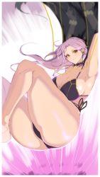 Rule 34 | 1girl, arm behind head, arm up, armpits, ass, bare shoulders, bikini, black bikini, blush, breasts, carmilla (fate), carmilla (swimsuit rider) (fate), choker, cleavage, collarbone, curly hair, fate/grand order, fate (series), forehead, highres, large breasts, long hair, looking at viewer, parted bangs, smile, solo, swimsuit, thighs, white hair, yellow eyes, zumizu