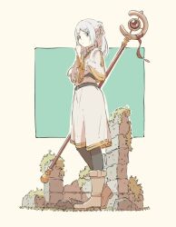 Rule 34 | 1girl, absurdres, belt, black pantyhose, brick wall, brown footwear, capelet, commentary request, dress, earrings, elf, frieren, grass, green eyes, grey hair, highres, holding, holding staff, jewelry, long hair, long sleeves, looking at viewer, mage staff, mono (2 onom), pantyhose, parted bangs, pointy ears, rock, ruins, simple background, solo, sousou no frieren, staff, white capelet, white dress, wide sleeves
