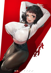 Rule 34 | 1girl, alternate costume, areola slip, arms behind head, arms up, black hair, blouse, breasts, brown eyes, collared shirt, highres, huge breasts, kawakami sadayo, narrow waist, nipples, open mouth, persona, persona 5, red background, shirt, short hair, smile, solo, upper body, white shirt