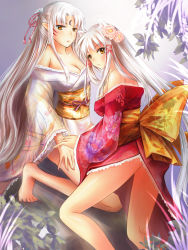 Rule 34 | animal ears, blush, breasts, cleavage, dog ears, flower, gender request, genderswap, highres, inuyasha, inuyasha (character), japanese clothes, kimono, legs, nail polish, pink nails, sesshoumaru, siblings, white hair, yellow eyes
