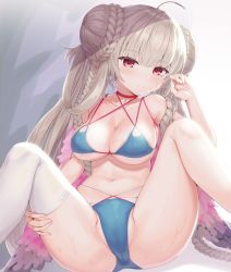 Rule 34 | 1girl, ahoge, alternate costume, azur lane, bikini, blue bikini, blush, braid, breasts, brown hair, closed mouth, collarbone, double bun, feather boa, formidable (azur lane), formidable (the lady of the beach) (azur lane), hair bun, hair rings, hand on own thigh, hand up, highres, knees up, large breasts, long hair, looking at viewer, multi-strapped bikini bottom, multi-strapped bikini top, navel, oris at, red eyes, shadow, single thighhigh, sitting, skindentation, smile, solo, spread legs, sweat, swimsuit, thighhighs, thighs, twin braids, underboob, very long hair, white thighhighs