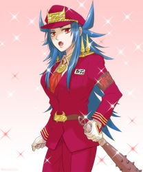 Rule 34 | 1girl, armband, belt, blue hair, breasts, club, club (weapon), cowboy shot, fangs, female focus, formal, gloves, gradient background, hat, heart, hyakushiki momoko, large breasts, long hair, looking at viewer, medallion, nanbaka, open mouth, pink background, red eyes, sidelocks, simple background, solo, sparkle, spiked club, spiked hair, spikes, suit, uniform, weapon, white background