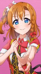 Rule 34 | 1girl, black bow, blue eyes, blush, bow, bowtie, braid, brown hair, closed mouth, flower, hair between eyes, hair bow, hair flower, hair ornament, highres, kosaka honoka, kyaku tasu, long hair, looking at viewer, love live!, love live! school idol project, pink background, pink trim, red bow, red bowtie, red flower, short sleeves, side ponytail, simple background, single braid, smile, solo, upper body, v