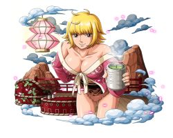 Rule 34 | 1girl, blonde hair, bodskih, breasts, brown eyes, brown skirt, cleavage, collarbone, cowboy shot, holding, large breasts, leaning forward, looking at viewer, marguerite (one piece), miniskirt, neck ribbon, one piece, one piece treasure cruise, ribbon, shiny skin, short hair, skirt, smile, solo, standing, steam, transparent background, white ribbon