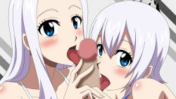 Rule 34 | 1boy, 2girls, bare shoulders, blue eyes, blush, censored, collarbone, cooperative fellatio, disembodied penis, fairy tail, fellatio, ffm threesome, group sex, hetero, highres, licking, licking penis, lisanna strauss, looking at viewer, mirajane strauss, mosaic censoring, multiple girls, open mouth, oral, penis, pov, pov crotch, shimaidon, shimaidon (sex), short hair, siblings, simple background, sisters, teamwork, threesome, tongue, tongue out